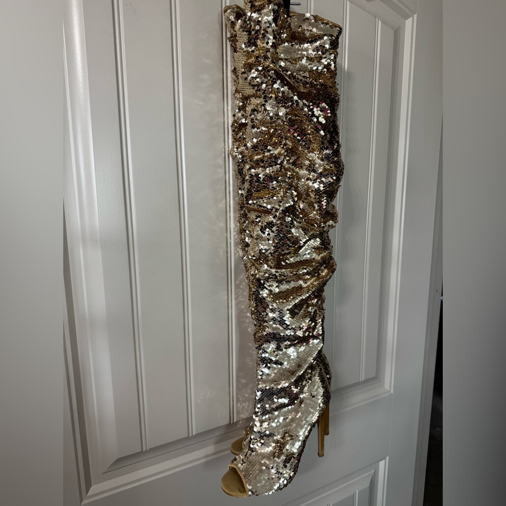 CAMSSOO 🌟 Gold Sequins Over-the-Knee Stiletto Peep-Toe Boots (Women's Size 8.5) - Picture 4 of 16